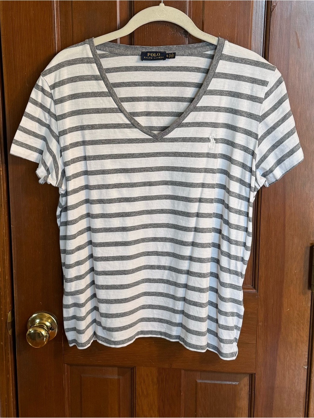 Polo by Ralph Lauren Women's Gray & White Striped V-Neck Tee GUC